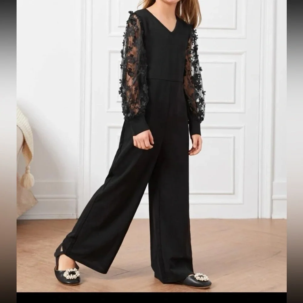 Tween Girl Appliques Mesh Sleeve Wide Leg Jumpsuit Without Belt new size 9